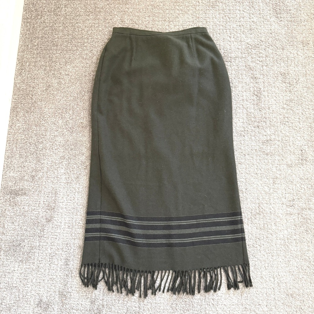 Requirements Vtg Forest Green Wool Blend Maxi Column Pencil Skirt Fringe Hem 8